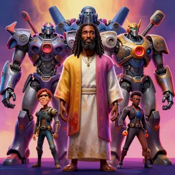 stylish caricature 3 d vfx drew struzan movie poster art of an african jesus surrounded by giant mecha, art style by james jean & hsiao - ron cheng, unreal engine render, digital illustration, sharp, intricate detail, volumetric lighting, ray tracing, soft light, neon colours, claymation style, ernie barnes style, symmetry, acrylic on canvas, pinterest, artstation,