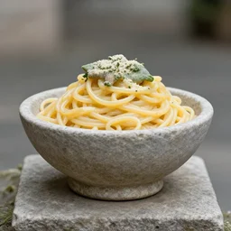 stone statue of a bowl of pasta