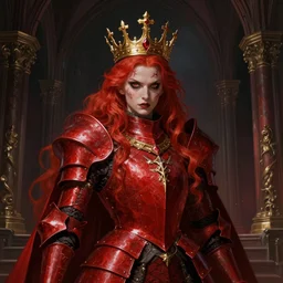 redhead queen knight in heavy red armor, inside an ominous gothic castle, baroque, large crown, face with scars, intimidating, high fantasy, intricate detail, digital painting, artstation, concept art, smooth, sharp focus, illustration, art by yoshitaka amano and wlop and monia merlo