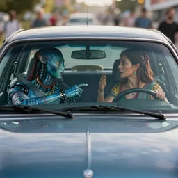 a stunning ultra detailed fine art photo of front view of car's windshield with a cyborg driver and na'vi passenger arguing inside, by tom bagshaw, artgerm and natalie shau, artstation, 8 k, cinematography by roger deakins, deep depth of field, highly coherent, front view of the car, zoom in on the front windshield