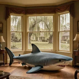 a giant oversized shark shark on the floor inside of a warmly - lit victorian - era home, looking out the window into a large front yard populated with willow trees, faded daguerreotype, 1 9 1 0 s photography