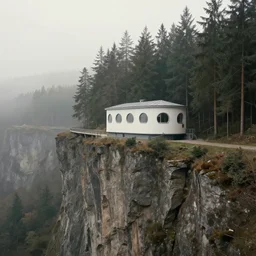 A beautiful matte drawing of a small ellipse-shaped building with rounded windows, standing on a large cliff near a coniferous forest. A very thin stone bridge goes over the cliff. View from afar, photorealism, fog, 8k, 16k