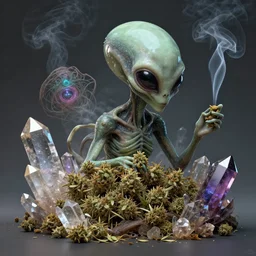 Alien, weed, smoke, crystals, and esoteric imagery, concept art by Justin Gerard, highly detailed, ultra detailed, ultra realistic, trending on artstation