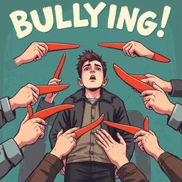 bullying, the victim is in the center, around the bullers with boomerangs. propaganda poster, illustration