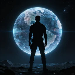 a silhouette standing in front of holographic outter space, trending on artstation HD,