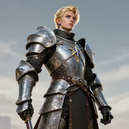 highly detailed full body shot of a proud young elven knight in the style of Warhammer Fantasy by Artgerm and Arian Mark, short blonde hair, blue eyes, sapphire earrings, no helmet, low angle shot, highly detailed, trending on artstation, cgsociety, 4k, 8k, HDR, octane render, unreal engine