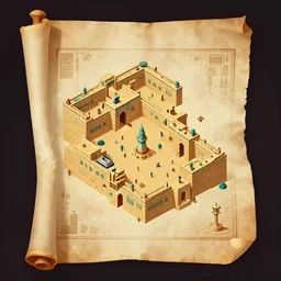 isometric dungeon map n the style of an ancient egyptian scroll.