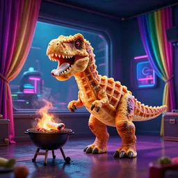 a cinema 4 d render of a dinosaur made out of waffles barbecuing chewing gum. in a room with neon rainbow color drapes. outside the window a anachronism noir future.