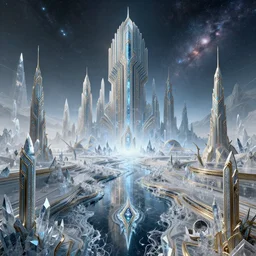 artdeco futuristic hyperdimensional elven city, galactic, desolate, ice shards, river:: by beeple and James Gilleard and Justin Gerard :: ornate, dynamic, particulate, intricate, elegant, highly detailed, centered, artstation, smooth, sharp focus, octane render, 3d