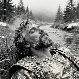 1 9 6 0 s movie still close up of marcus aurelius in gold emperor clothes frozen to death by the side of a river, grass, snowy, pine forests, cinestill 8 0 0 t 3 5 mm b & w, high quality, heavy grain, high detail, texture, dramatic light, anamorphic, hyperrealistic, detailed hair, foggy