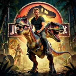 hyperrealistic portrait of jeff goldblum riding a velociraptor in the jurassic park gate portal. by jeremy mann and alphonse mucha, fantasy art, photo realistic, dynamic lighting, artstation, poster, volumetric lighting, very detailed faces, 4 k, award winning