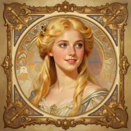 painted portrait of one eowyn, blonde hair, charming, young, elegant, upper body, fantasy, intricate, highly detailed, decorated frame, digital painting, artstation, concept art, smooth, sharp focus, illustration, art by ismail inceoglu, alphonse mucha, and pixar.