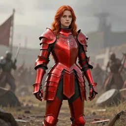 a girl with a long red hair wearing a full-body red plate armor standing in a battlefield, anatomically correct, hyperrealistic, concept art, octane render, unreal engine 5, 8K HDR, highly detailed, high quality, fantasy armor