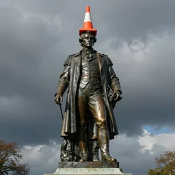 a majestic dark bronze statue of the duke of wellington, with an orange traffic cone on his head