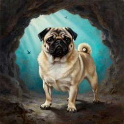 muscular pug dog  with backlight , sun rays , big shadows, small bird sihouettes  in cyan background , very textured detailed  panoramic oil painting by rembrandt , hard backlight , in dark cave