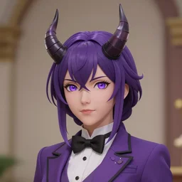 beautiful anime woman with purple hair, a horn! on her forehead, a horn on her head, one horn, a single horn, purple eyes, a purple tuxedo, sharp focus, intricate, cell shaded, award winning photography, cinematic, digital painting, cinematic, wlop, 8 k, by ross tran, tom bagshaw