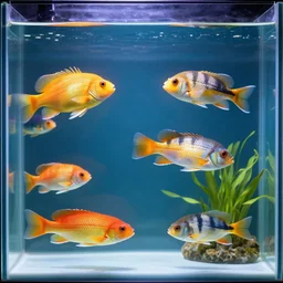 fish in an aquarium, bright colors, Ivan Aivazovsky, Christopher Balaskas, Noah Bradley, Albert Bierstadt, Jim Burns, Edwin Church, Frederic Thomas Cole, Brown Durand, Asher David Friedrich, Caspar James Gurney, Johnson Heade, Martin Raphael Lacoste, Ted Nasmith, Andreas Rocha, Christophe Vacher
