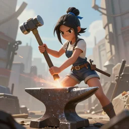 blacksmith cute girl hitting with a hammer, anvill, epic digital art illustration, wide angle, masterpiece, dynamic perspective, anatomy skills, outstanding detail, illustration, colorgrading, LUTs, octane render, redshift, simulation, | 28mm |, great composition