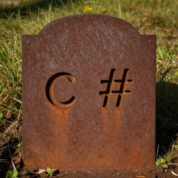 a rusty steel grave with the text'' c #''