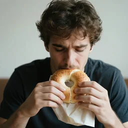 sad man eating a bagel