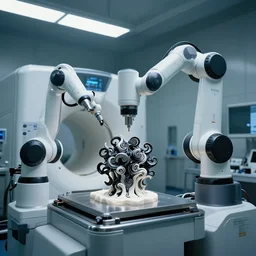 a complex bifurcated robotic cnc surgical arm hybrid mri 3 d printer machine making swirling black and white ceramic mandlebulb mutant forms in the laboratory inspection room, film still from the movie directed by denis villeneuve with art direction by salvador dali, wide lens, f 3 2, cinematic lighting, studio quality, smooth render, unreal engine 5 rendered, octane rendered