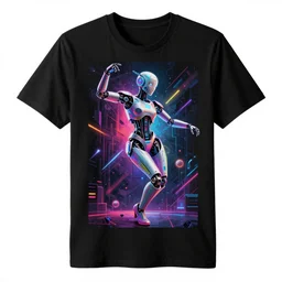 photo of a black tshirt with a hyperdetailed portrait of a futuristic trippy cyberpunk dancing robot, 8 k, symetrical, flourescent colors, multicolored tshirt art,