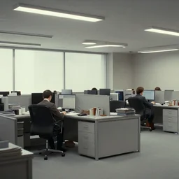 concept art of severance indoor office scenario, in a film of jacques tati