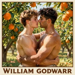 “two burly young men lovingly embracing in an orange grove on a sunny day, William Godward Painting Vintage Poster”