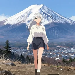beautiful blond silver hair young woman walking up Mount Fuji, manga