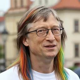 real photograph, bill gates rainbow colored long hair, shirtless, in legnica, macro head shot, photo mid shot