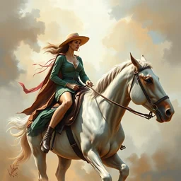 a woman riding horseback, airbrush painting