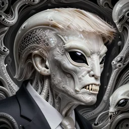 alien trump, sharpt teeth, by h. r. giger, nightmare fuel, nightmarish, intricate, highly detailed, optical illusion, president trump
