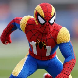 a closeup photorealistic photograph of a determined knitted spider man themed la rams football player in action. intricate stitching. professional capture. bright scene. this 4 k hd image is trending on artstation, featured on behance, well - rendered, extra crisp, features intricate detail, epic composition and the style of unreal engine.