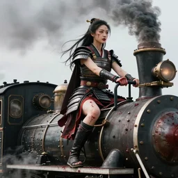 vertical movie frame with asian female riding on top of the steam punk train, armor inspired by ancient japan and fashion, clean beautiful face, epic, perfect body, brutal blooded sluty, award winning, establishing shot, extremely high detail, photorealistic, brutal, provocative, octane render, editorial, extreme sports photography