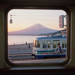 fuji 5 0 r, 3 5 mm ; sunrise, shinkansen station window view like beautiful hyperrealistic film still from ronin ( 1 9 9 0 ) beach promenade scene directed by tati in style of 1 9 9 0 s frontiers in miniature porcelain kintsugu design magazine seinen manga edition, real - life seinen manga porcelain sci - fi font izakaya sign, highly detailed, cinematic lighting, 8 k