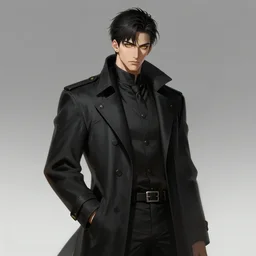 a highly detailed illustration of young attractive japanese guy wearing black detective coat, yellow eyes, dramatic standing pose, hyperdetailed perfect face, intricate, elegant, highly detailed, centered, digital painting, artstation, concept art, smooth, sharp focus, league of legends concept art, wlop.