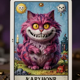 Alice in Wonderland Cheshire Cat Death Tarot card,highly detailed,half skull face,cinematic,8k,by Stanley Artgermm,Tom Bagshaw,Greg Rutkowski,Carne Griffiths, Ayami Kojima, Beksinski, Giger,trending on DeviantArt,hyper detailed,horror, full of colour