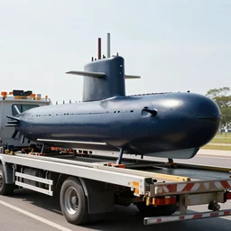 mini navy submarine being transported on the back of a trailer