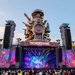 an outdoor festival stage, tripmachine, center of the stage is a big futuristic steampunk genrator surrounded by cyberpunk huge speaker towers, rock musicians on the stage, laser show, 8 k, fluorescent colors, halluzinogenic, multicolored, exaggerated detailed, unreal engine