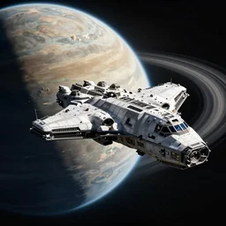 a large military spaceship, orbiting a ringed planet, maximum detail, octane render, ArtStation
