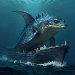 sea monster looks like ship, deep dark sea, marine animal, highly detailed, digital painting, smooth, sharp focus, illustration, artstation