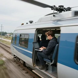 a man working on his laptop riding on top of a fast moving trian, action shot from a helicopter, high speed shutter, photograph