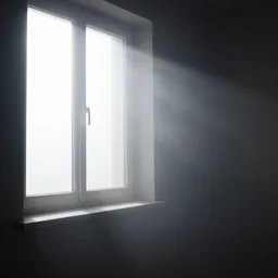 dramatic photograph of light coming through a window in a dark room, volumetric fog