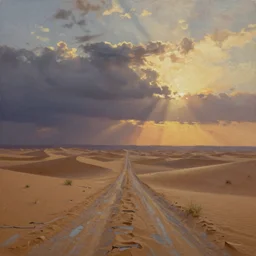 a oil painting of a desert landscape with a wasted way, west wind, at sunset, concept art, octane render, unreal engine 5, trending on deviantart, highly detailed, high quality, oil painting, digital painting, masterpiece, hyperrealistic, breathtaking landscape, soft lighting, godrays, complementary colors, natural lighting