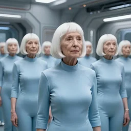 troop of cloned older women with white bob hairdos, tight light blue neopren suits, futuristic cloning facility, sci - fi, highly detailed, cinematic