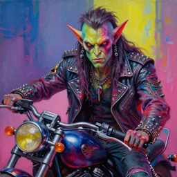 a medium shot of a scifi post apocalyptic demonic orcish goblin biker character, cool pose, psychedelic vibrant colors, futuristic punk rock fashion, oil painting by michael whelan art, sharp focus, realistic, perfect face, detailed eyes, highly detailed, long hair, studded leather jacket, 8 k