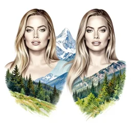 tattoo sketch of margot robbie mash up amazing mountain scenery and nature, double exposure effect, in the style of arlo dicristina, hyper realism, amazing detail, sharp