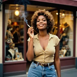 standing portrait of ecstatic toni braxton looking into the camera standing smoking a cigarette, summer, warm street lights store front, 1 9 6 0 s technicolor, intricate, moody, personal, highly detailed, short focus depth, donato giancola, joseph christian leyendecker, frank frazetta, alex horley, ralph horsley, michael whelan, 2 0 0 mm focal length