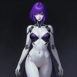 full body Image of a gorgeous and beautiful grown up anime women as a evil witch with purple short smooth shiny hair , pale white skin , open robotic eyes , artstation , 4K , Highly detailed , high quality , dramatic lighting , drawn by Yusuke Murata , elegant, highly detailed, centered, digital painting, artstation, concept art, artgerm, donato giancola, Joseph Christian Leyendecker, WLOP, Boris Vallejo, Artgerm
