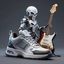 an anthropomorphic cyberpunk futuristic sneaker of punisher by sandra chevrier, by jon foster, detailed render, cybernetics, 4 k realistic, fender stratocaster, cryengine, realistic shaded lighting, sharp focus, masterpiece, by enki bilal